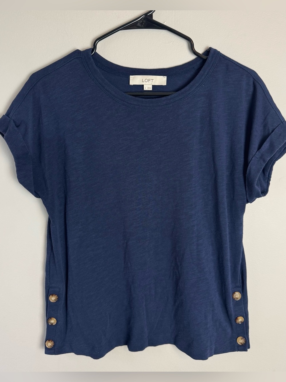 LOFT Navy Short Cap Sleeve Cotton Blend Top With Button Detail Size Small